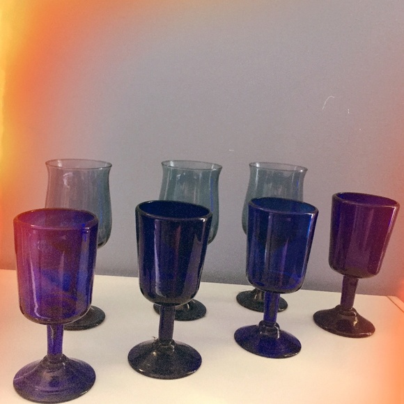 Other - 8 Mix Matched Dusty and Cobalt Blue Wine Glasses